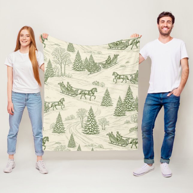 Green Toile Christmas Sleigh Ride Pattern (2) Fleece Blanket (In Situ)