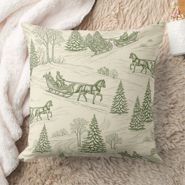 Green Toile Christmas Sleigh Ride Pattern (2) Throw Pillow (Blanket)