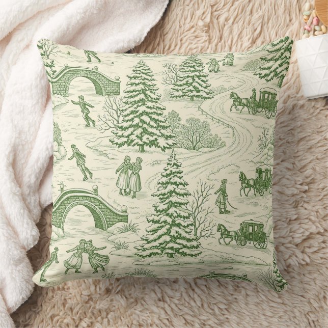 Green Toile Christmas Sleigh Ride Pattern (4) Throw Pillow (Blanket)