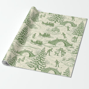 Green Toile Christmas Sleigh Ride Pattern (4) Wrapping Paper
