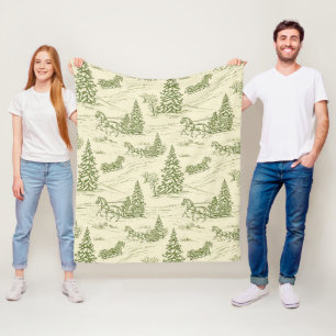 Green Toile Christmas Sleigh Ride Pattern Fleece Blanket