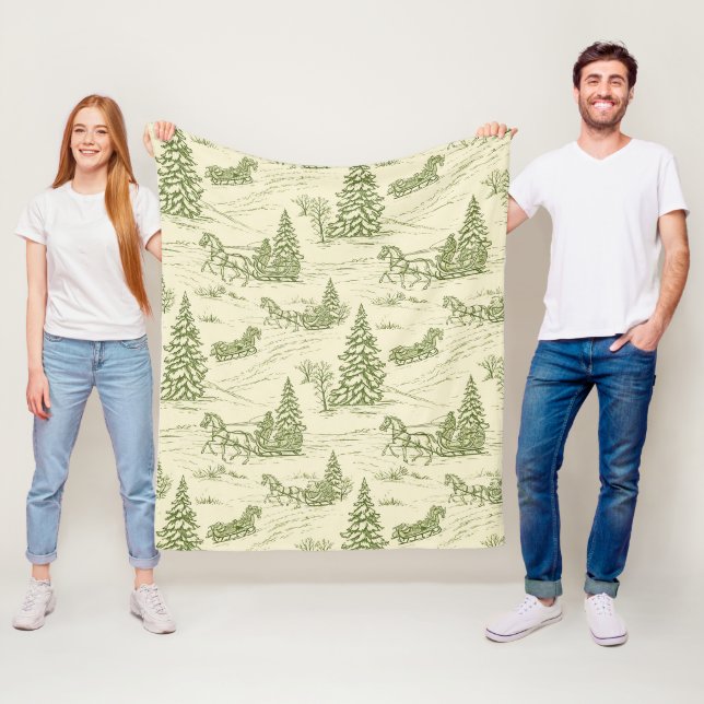 Green Toile Christmas Sleigh Ride Pattern Fleece Blanket (In Situ)