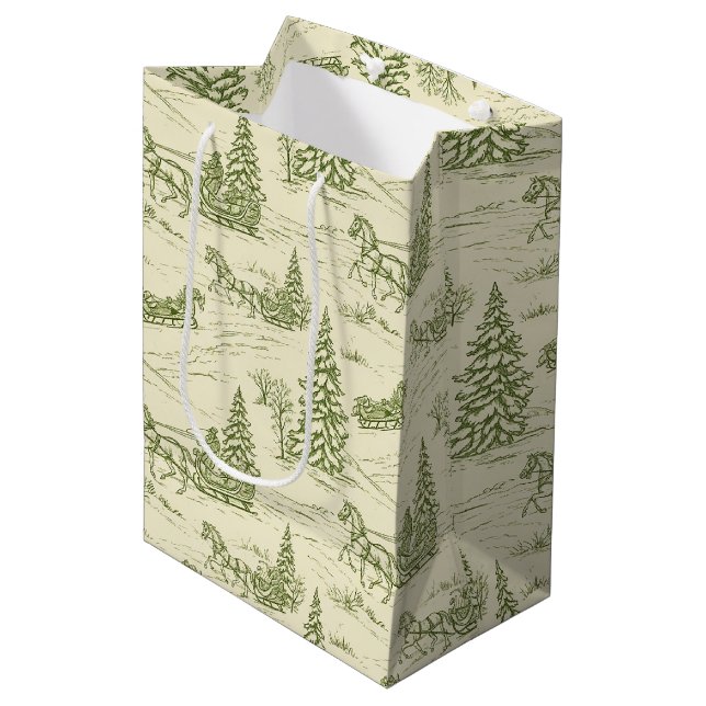Green Toile Christmas Sleigh Ride Pattern Medium Gift Bag (Front Angled)