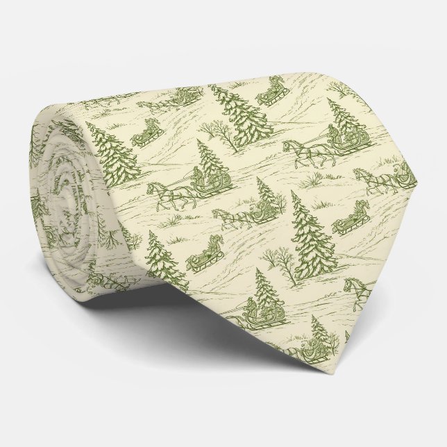 Green Toile Christmas Sleigh Ride Pattern Tie (Rolled)