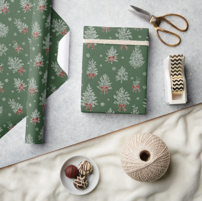 Green Toile Christmas Tree Pattern Wrapping Paper (Crafts)