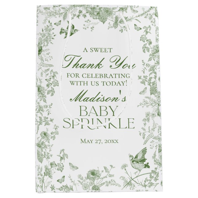 Green Toile De Jouy Baby Sprinkle Favours Medium Gift Bag (Front)