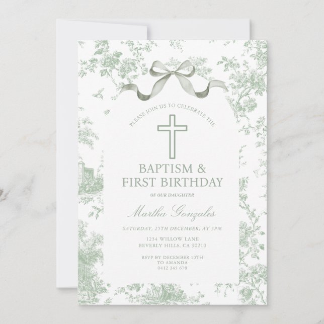 Green Toile de Jouy Baptism & First Birthday Bow  Invitation (Front)