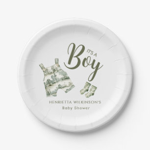 Green Toile de Jouy Boy Baby Shower  Paper Plate