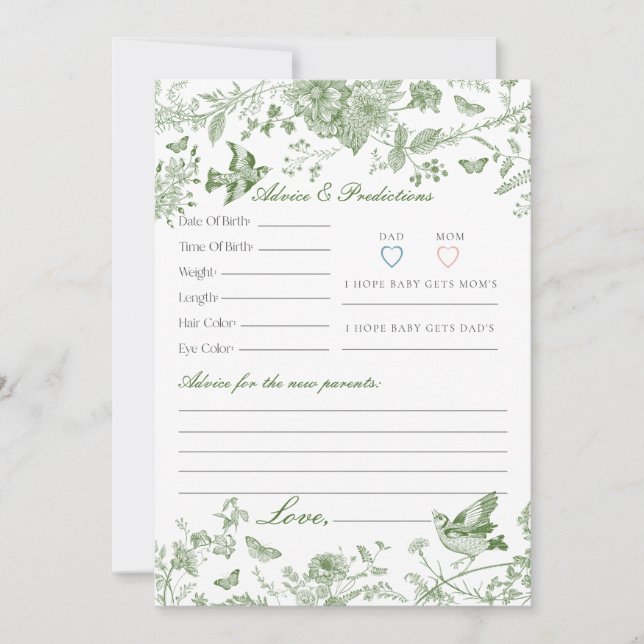 Green Toile De Jouy Floral Advice for Baby Card (Front)