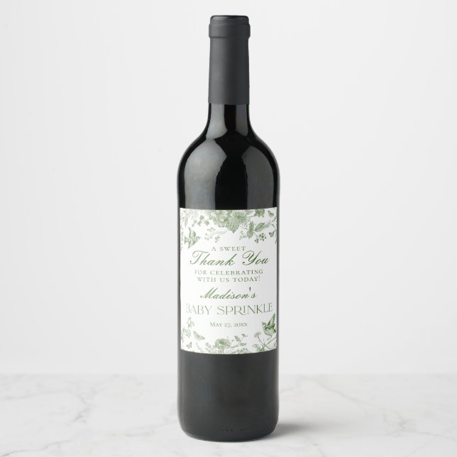 Green Toile De Jouy Floral Baby Sprinkle Favours Wine Label (Front)