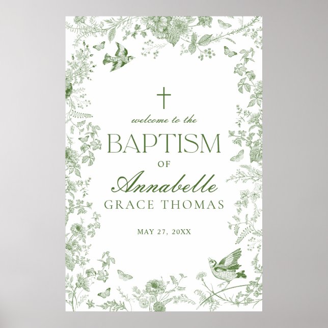 Green Toile De Jouy Floral Baptism Welcome Sign (Front)