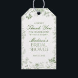 Green Toile De Jouy Floral Bridal Shower Favours Gift Tags<br><div class="desc">Transform your celebration with our Olive Green Toile de Jouy Party Decor Collection. This elegant ensemble showcases intricate chinoiserie wildflowers, birds, and butterflies, all meticulously designed to create a sophisticated and timeless atmosphere. With detailed florals and a rich olive green palette, this collection adds a touch of refined beauty to...</div>