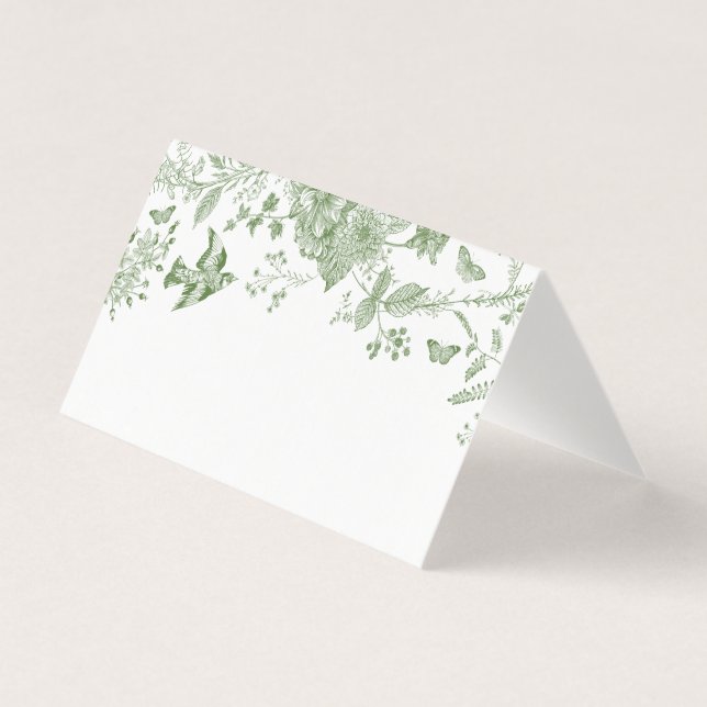 Green Toile De Jouy Floral Place Card Table Decor (Front)