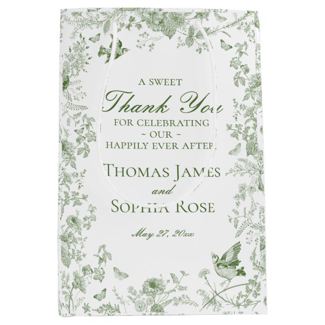 Green Toile De Jouy Floral Wedding Party Favours Medium Gift Bag (Front)