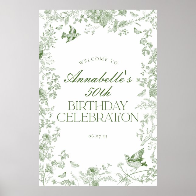 Green Toile Floral Birthday Party Welcome Sign (Front)