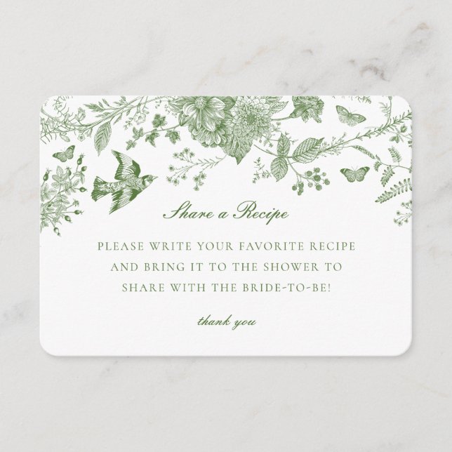 Green Toile Floral Share Recipe Invitation Insert (Front)