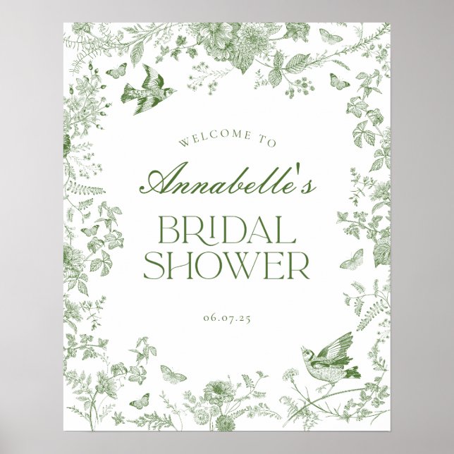 Green Toile Jouy Floral Bridal Shower Welcome Sign (Front)