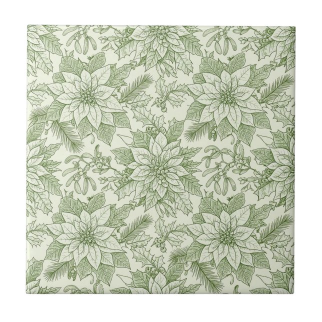 Green Toile Poinsettia Christmas Pattern (1) Tile (Front)