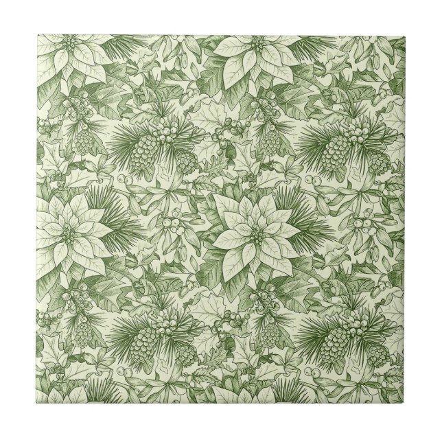 Green Toile Poinsettia Christmas Pattern (2) Tile (Front)