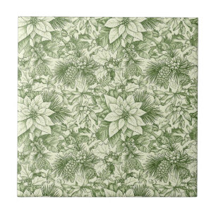 Green Toile Poinsettia Christmas Pattern Tile