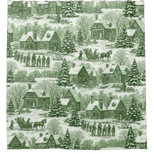 Green Toile Vintage Christmas Village Pattern