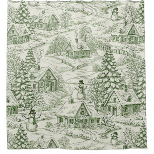 Green Toile Vintage Christmas Village Pattern