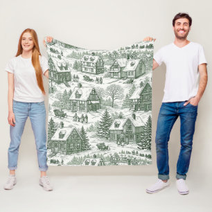 Green Toile Vintage Christmas Village Pattern (2) Fleece Blanket
