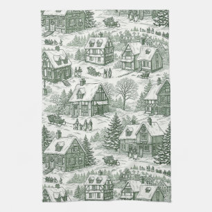 Green Toile Vintage Christmas Village Pattern (2) Kitchen Towel