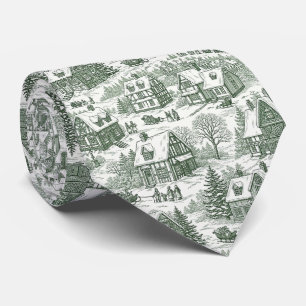 Green Toile Vintage Christmas Village Pattern (2) Tie