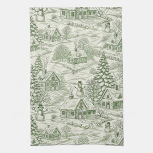 Green Toile Vintage Christmas Village Pattern (3) Kitchen Towel