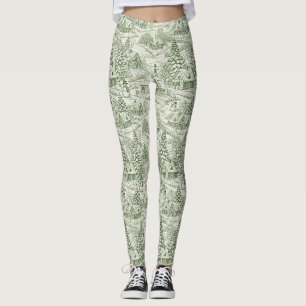 Green Toile Vintage Christmas Village Pattern (3) Leggings