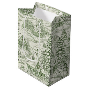 Green Toile Vintage Christmas Village Pattern (3) Medium Gift Bag