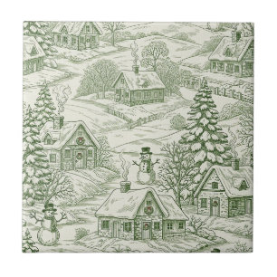 Green Toile Vintage Christmas Village Pattern (3) Tile