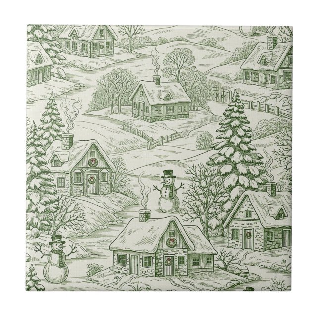 Green Toile Vintage Christmas Village Pattern (3) Tile (Front)
