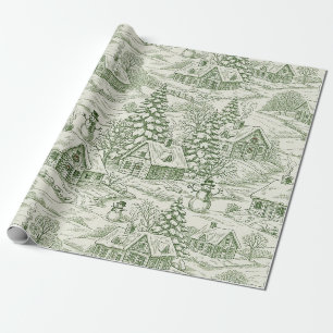 Green Toile Vintage Christmas Village Pattern (3) Wrapping Paper