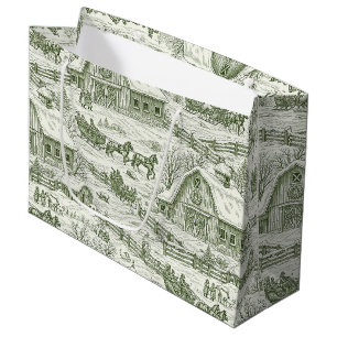 Green Toile Vintage Christmas Village Pattern (4) Large Gift Bag