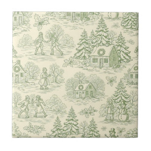 Green Toile Vintage Christmas Village Pattern (6) Tile