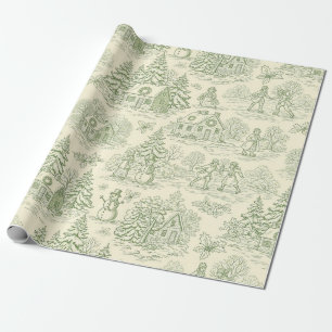 Green Toile Vintage Christmas Village Pattern (6) Wrapping Paper