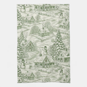 Green Toile Vintage Christmas Village Pattern Kitchen Towel