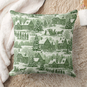 Green Toile Vintage Christmas Village Pattern Throw Pillow