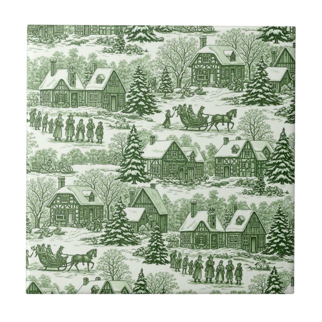 Green Toile Vintage Christmas Village Pattern Tile (Front)