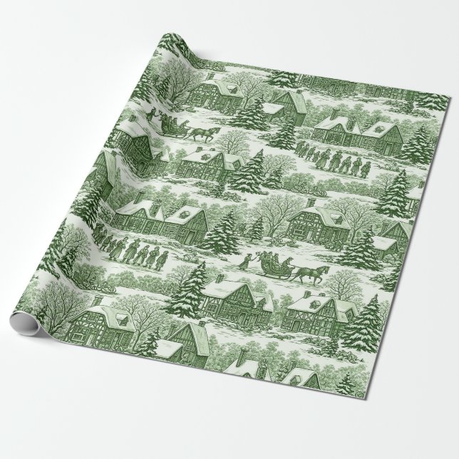 Green Toile Vintage Christmas Village Pattern Wrapping Paper (Unrolled)