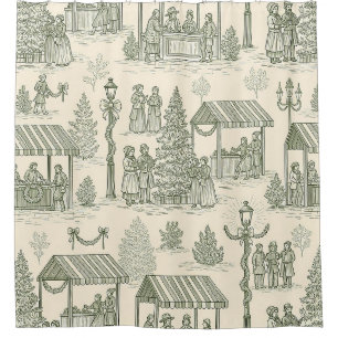 Green Toile Vintage Christmas Village Scene (2)