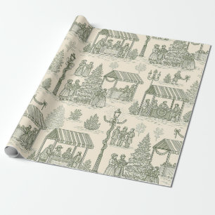 Green Toile Vintage Christmas Village Scene (2) Wrapping Paper
