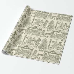 Green Toile Vintage Christmas Village Scene Wrapping Paper
