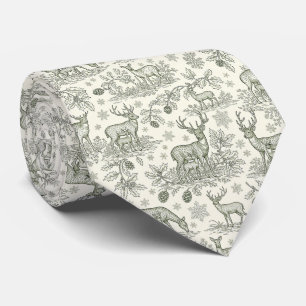 Green Toile Woodland Deer Christmas Pattern (3) Tie