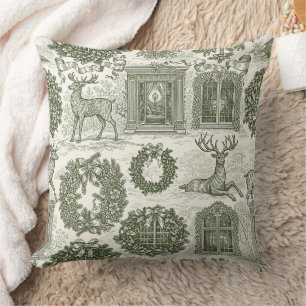 Green Toile Woodland Deer Christmas Pattern Throw Pillow