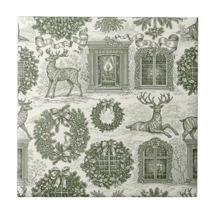 Green Toile Woodland Deer Christmas Pattern Tile