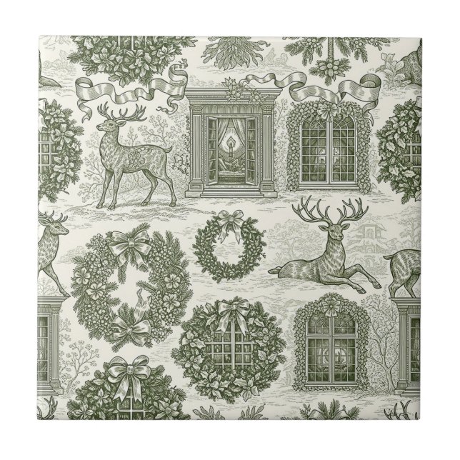 Green Toile Woodland Deer Christmas Pattern Tile (Front)