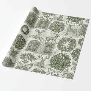 Green Toile Woodland Deer Christmas Pattern Wrapping Paper